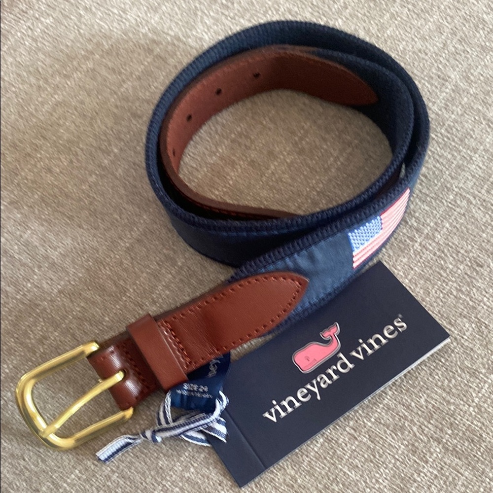 Vineyard Vines Blue and Brown Canvas Belt with Brass Buckle